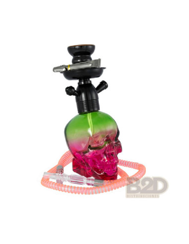 SHISHA CALAVERA DE CRISTAL TRANSPARENTE BICOLOR 28CM 1 MANGUERA